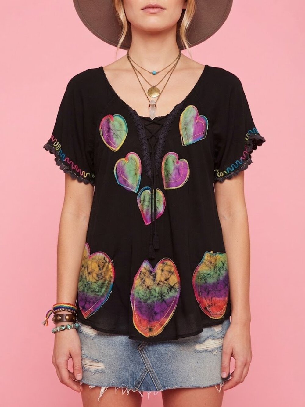 Vintage 80's Style Boho Whimsi Black Lace-Up Top with Multicolor Heart Accents